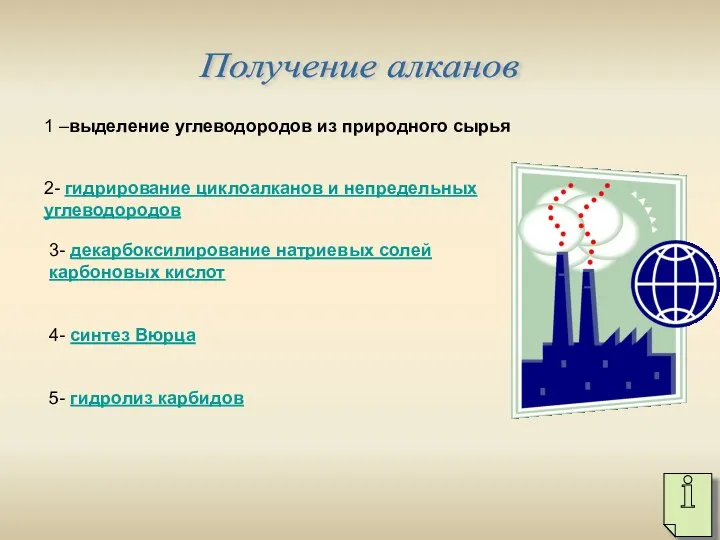 Получение алканов 1 –выделение углеводородов из природного сырья 2- гидрирование циклоалканов