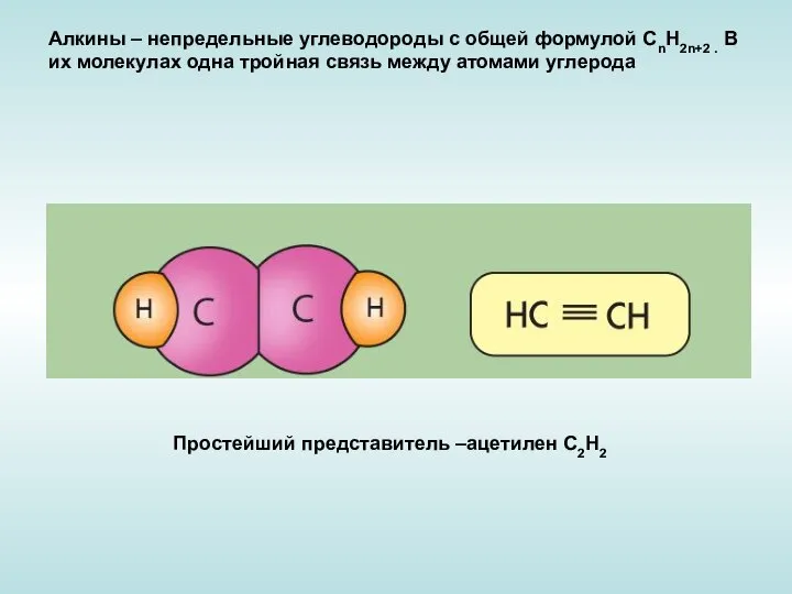 Алкины – непредельные углеводороды с общей формулой CnH2n+2 . В их