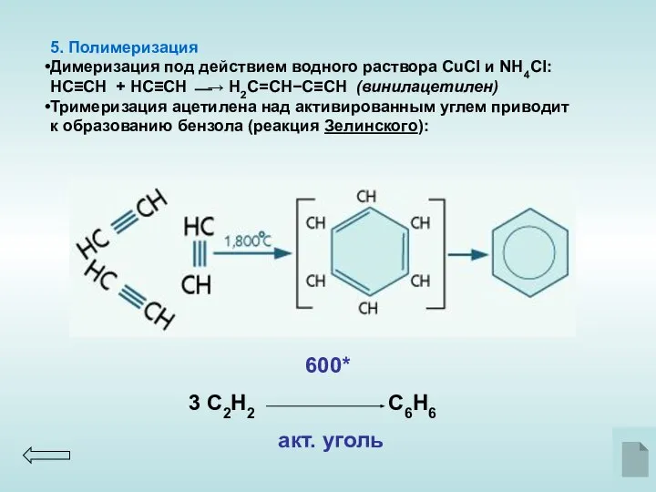 5. Полимеризация Димеризация под действием водного раствора CuCl и NH4Cl: НC≡CH