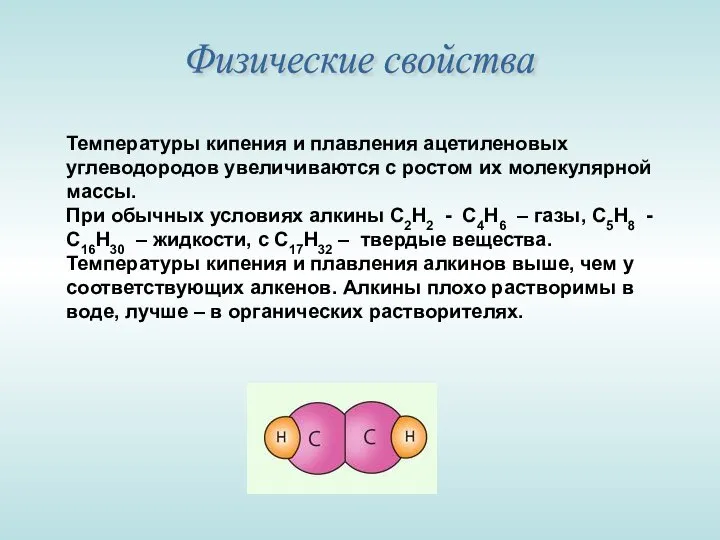 Физические свойства Температуры кипения и плавления ацетиленовых углеводородов увеличиваются с ростом