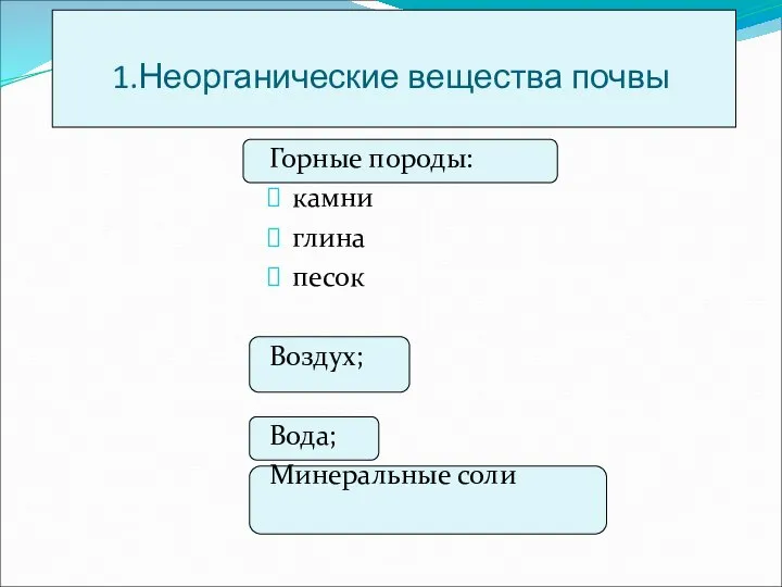 1.Неорганические вещества почвы Горные породы: камни глина песок Воздух; Вода; Минеральные соли