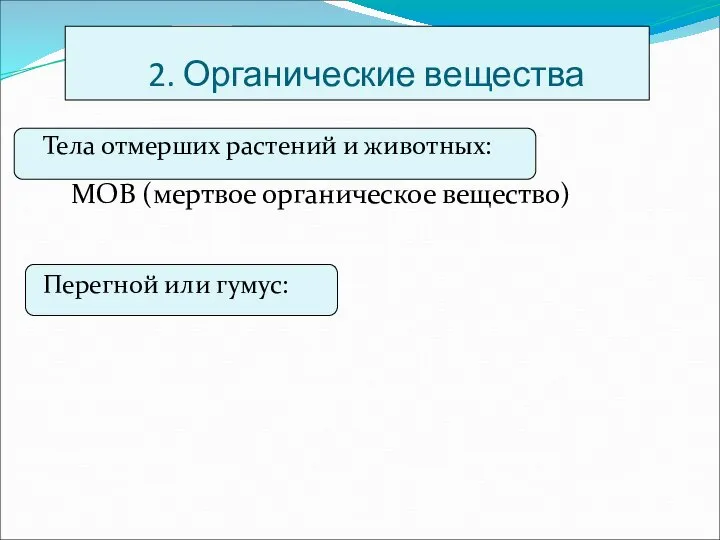 Тела отмерших растений и животных: МОВ (мертвое органическое вещество) Перегной или гумус: 2. Органические вещества