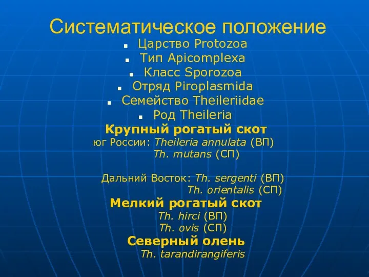 Систематическое положение Царство Protozoa Тип Apicomplexa Класс Sporozoa Отряд Piroplasmida Семейство