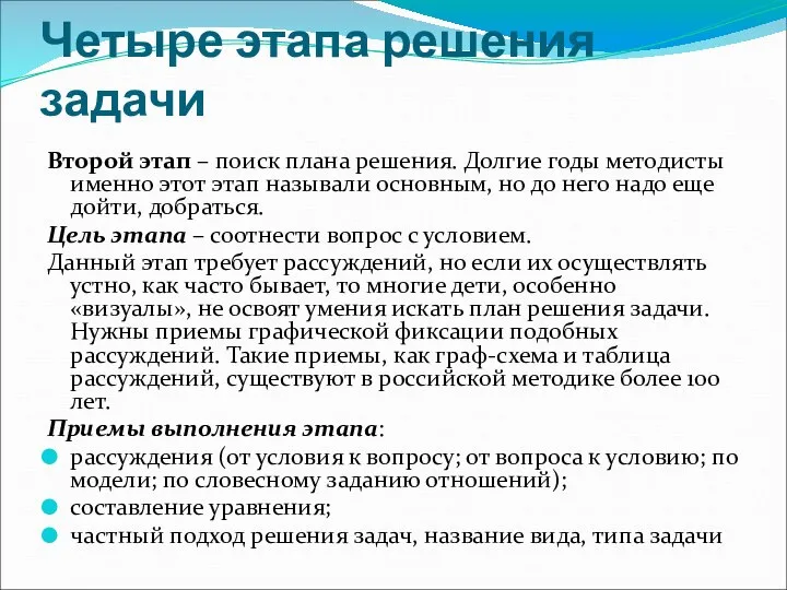 Четыре этапа решения задачи Второй этап – поиск плана решения. Долгие