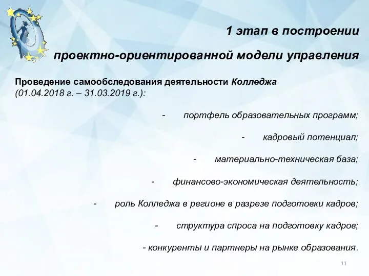 1 этап в построении проектно-ориентированной модели управления Проведение самообследования деятельности Колледжа