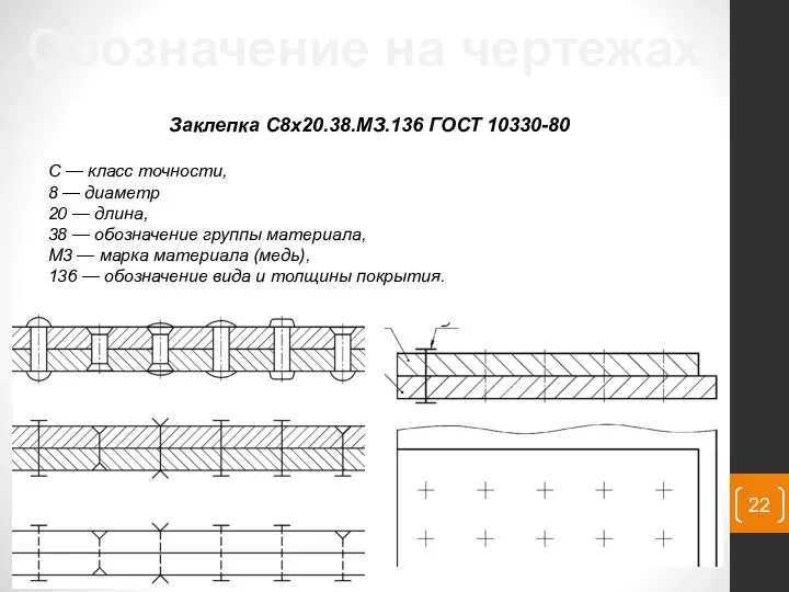 Обозначение на чертежах Заклепка С8х20.38.МЗ.136 ГОСТ 10330-80 С — класс точно­сти,