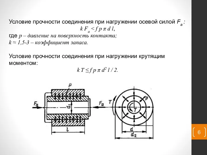 Условие прочности соединения при нагружении осевой силой Fa : k Fa