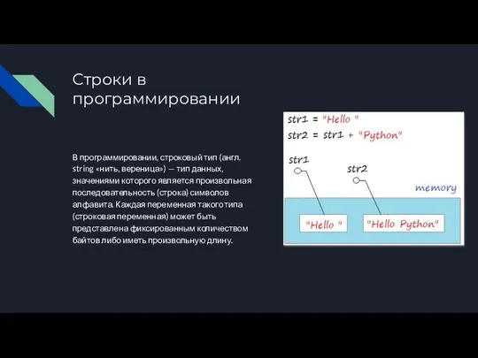 Строки в программировании В программировании, строковый тип (англ. string «нить, вереница»)