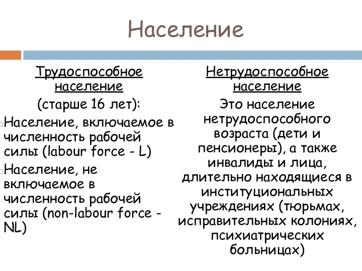 Население Трудоспособное население (старше 16 лет): Население, включаемое в численность рабочей