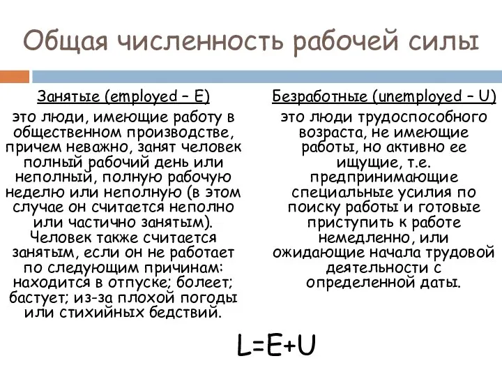 Общая численность рабочей силы Занятые (employed – E) это люди, имеющие