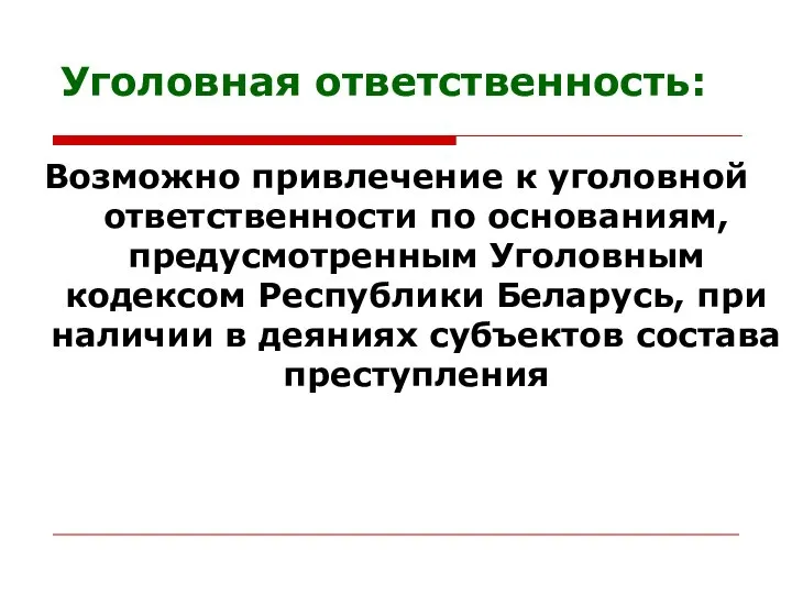 Уголовная ответственность: Возможно привлечение к уголовной ответственности по основаниям, предусмотренным Уголовным