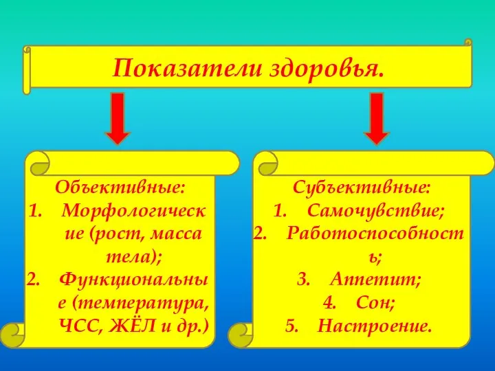 Показатели здоровья. Объективные: Морфологические (рост, масса тела); Функциональные (температура, ЧСС, ЖЁЛ