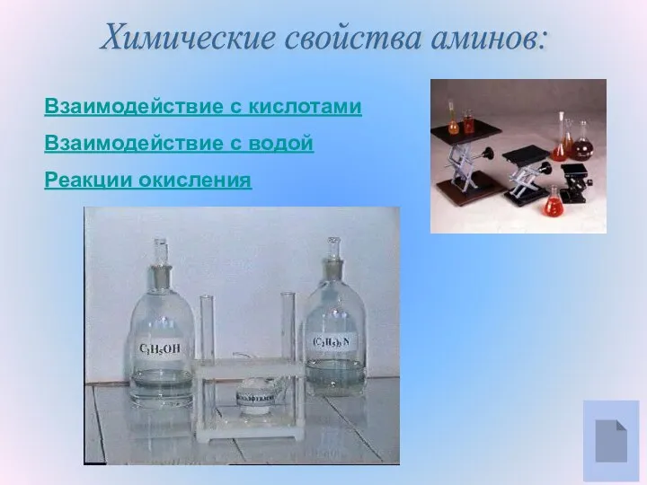 Химические свойства аминов: Взаимодействие с кислотами Взаимодействие с водой Реакции окисления