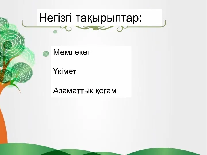 Мемлекет Үкімет Азаматтық қоғам Негізгі тақырыптар: