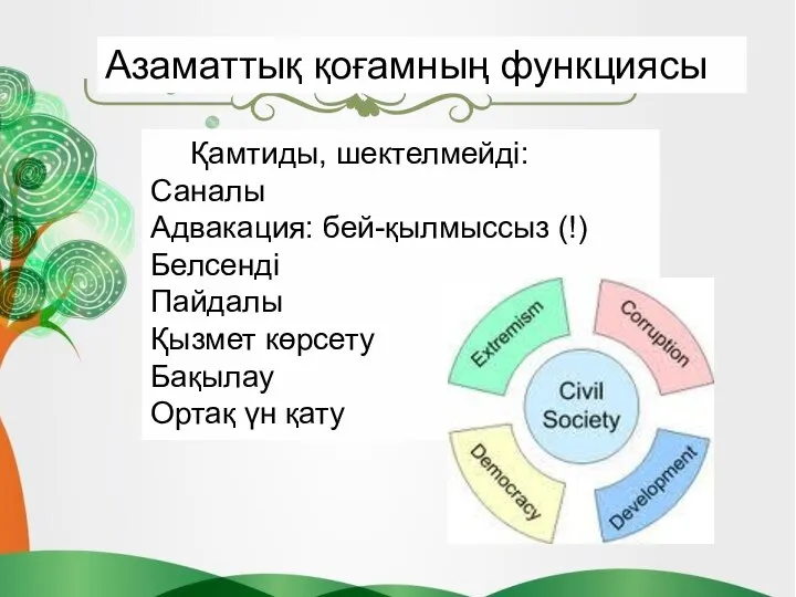 Қамтиды, шектелмейді: Саналы Адвакация: бей-қылмыссыз (!) Белсенді Пайдалы Қызмет көрсету Бақылау