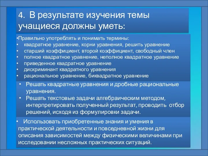 4. В результате изучения темы учащиеся должны уметь: Решать квадратные уравнения