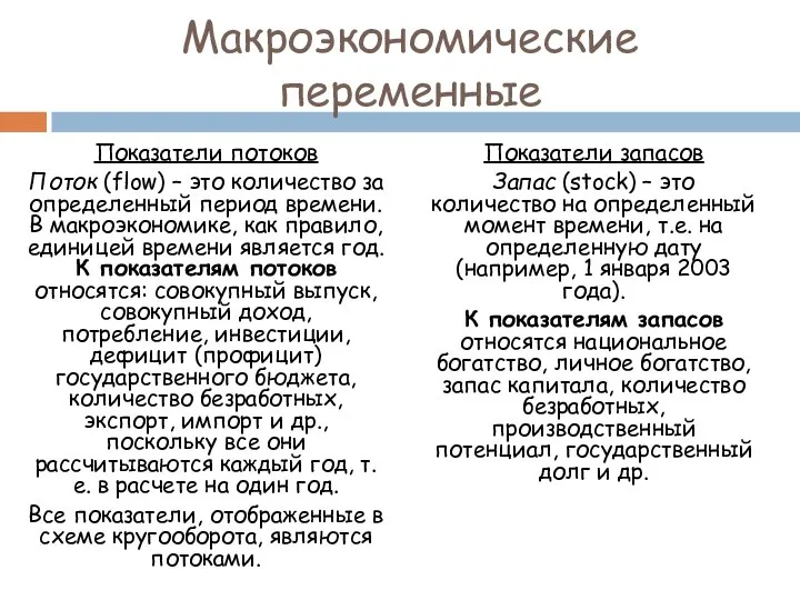 Макроэкономические переменные Показатели потоков Поток (flow) – это количество за определенный