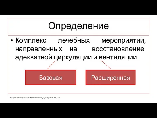 Определение Комплекс лечебных мероприятий, направленных на восстановление адекватной циркуляции и вентиляции. http://amosovmop.narod.ru/OPK/reanimacija_u_detej_28-10-2014.pdf Базовая Расширенная