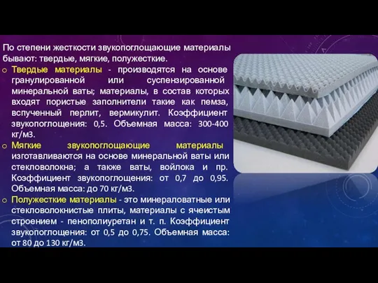 По степени жесткости звукопоглощающие материалы бывают: твердые, мягкие, полужесткие. Твердые материалы