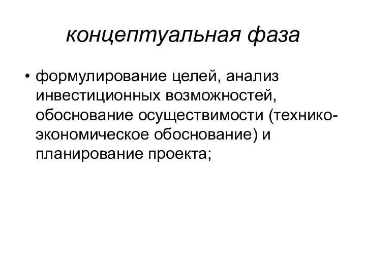 концептуальная фаза формулирование целей, анализ инвестиционных возможностей, обоснование осуществимости (технико-экономическое обоснование) и планирование проекта;