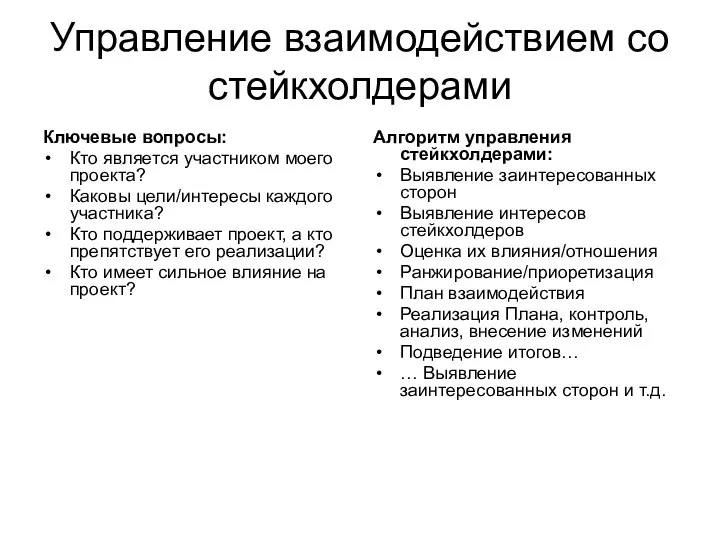 Управление взаимодействием со стейкхолдерами Ключевые вопросы: Кто является участником моего проекта?