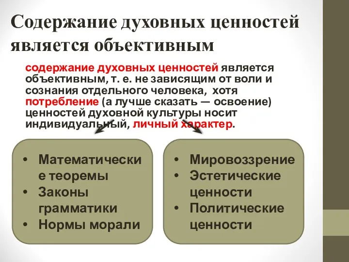 Содержание духовных ценностей является объективным содержание духовных ценностей является объективным, т.