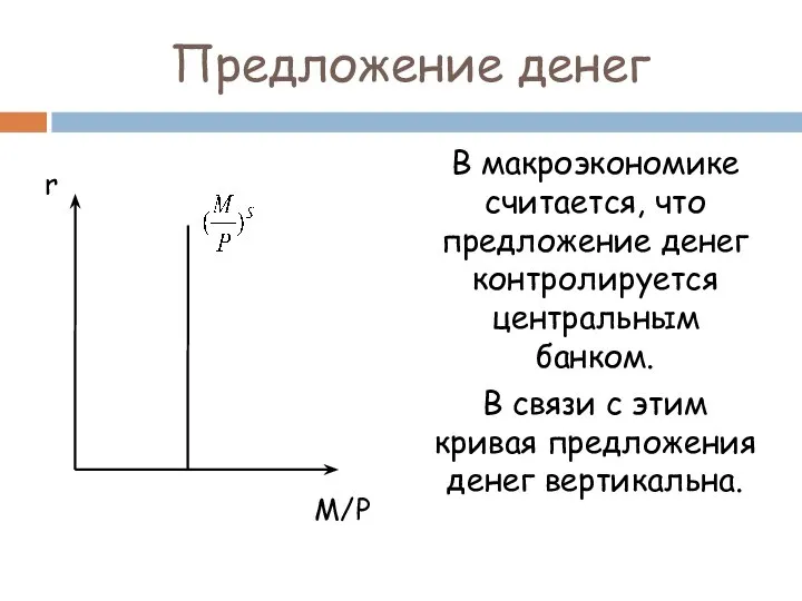 Предложение денег В макроэкономике считается, что предложение денег контролируется центральным банком.