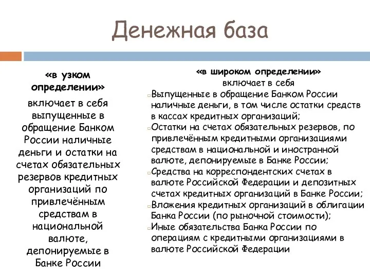 Денежная база «в узком определении» включает в себя выпущенные в обращение