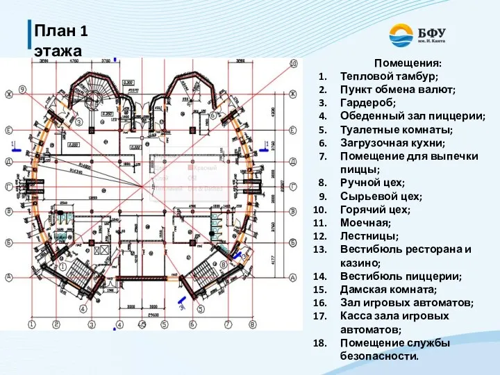 План 1 этажа Помещения: Тепловой тамбур; Пункт обмена валют; Гардероб; Обеденный