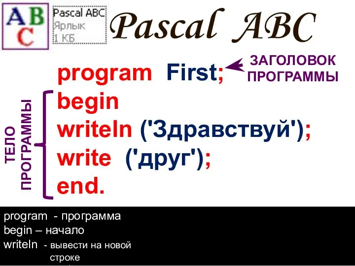 Pascal ABC program First; begin writeln ('Здравствуй'); write ('друг'); end. program