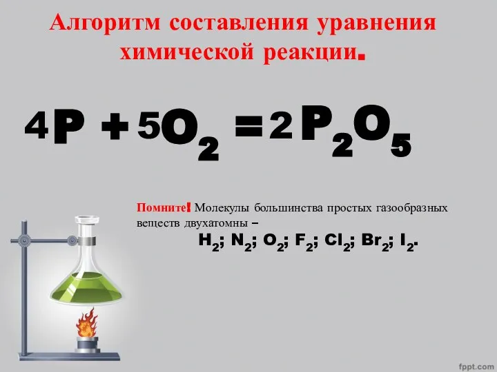 Алгоритм составления уравнения химической реакции. P + O2 = Помните! Молекулы