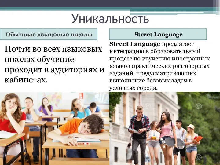 Уникальность Обычные языковые школы Street Language Почти во всех языковых школах