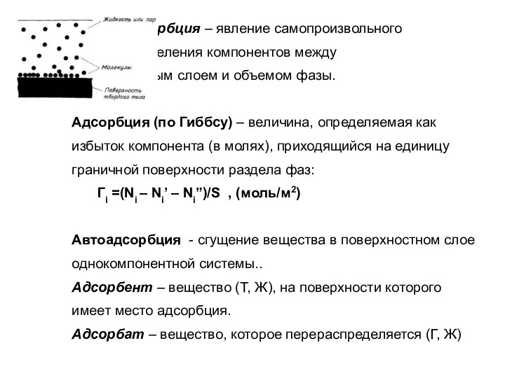 Адсорбция – явление самопроизвольного перераспределения компонентов между поверхностным слоем и объемом