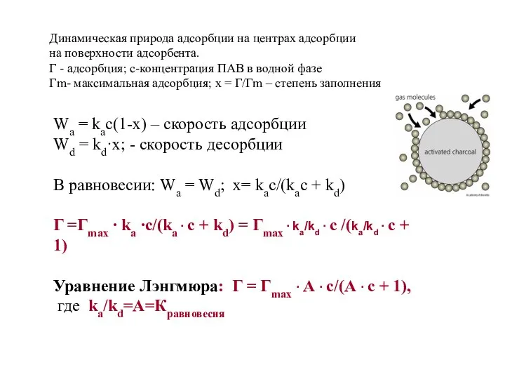 Динамическая природа адсорбции на центрах адсорбции на поверхности адсорбента. Γ -