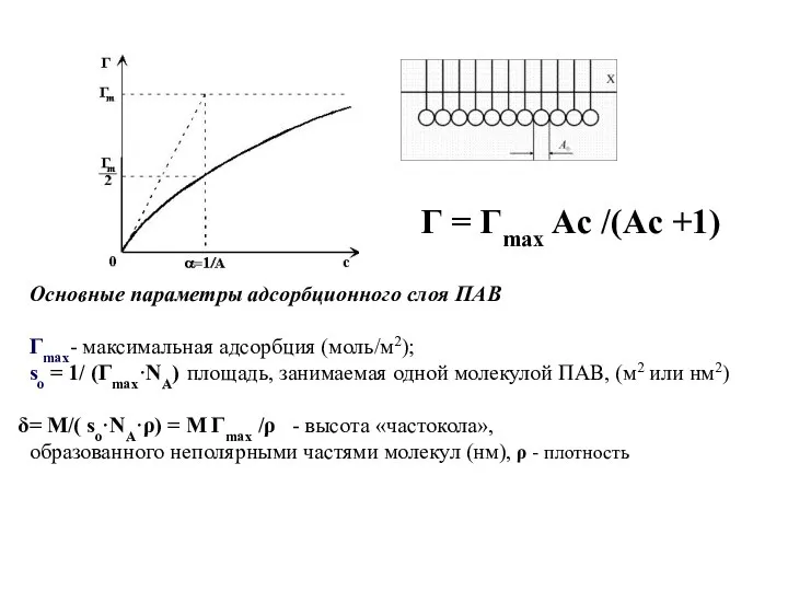 Г = Гmax Aс /(Ac +1) Основные параметры адсорбционного слоя ПАВ