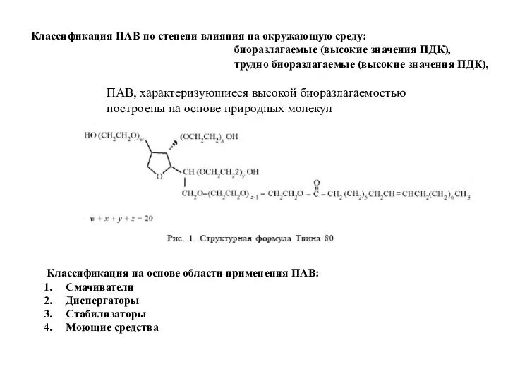 ПАВ, характеризующиеся высокой биоразлагаемостью построены на основе природных молекул Классификация ПАВ