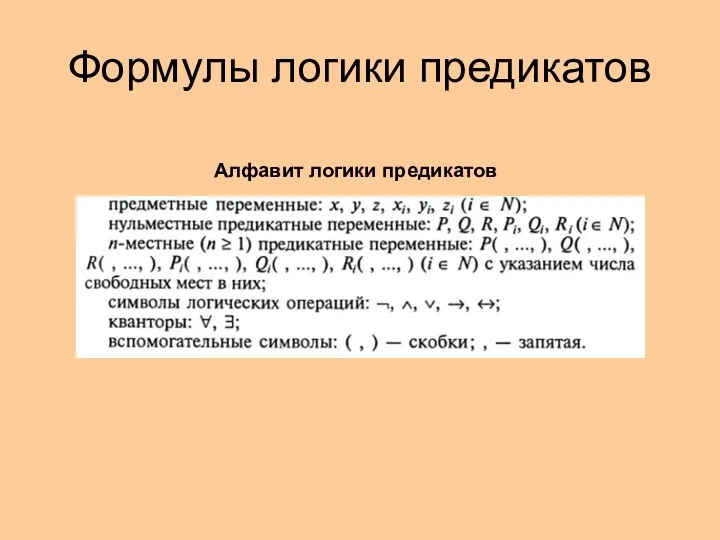 Формулы логики предикатов Алфавит логики предикатов