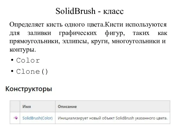 SolidBrush - класс Определяет кисть одного цвета.Кисти используются для заливки графических