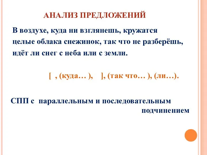 АНАЛИЗ ПРЕДЛОЖЕНИЙ В воздухе, куда ни взглянешь, кружатся целые облака снежинок,