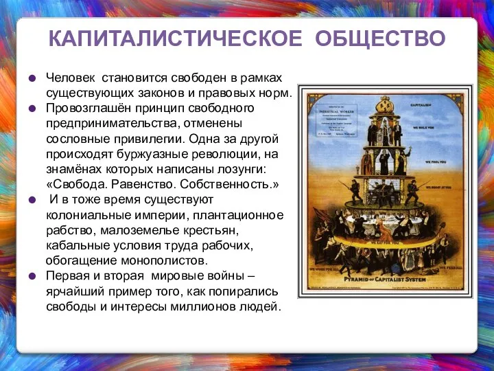 КАПИТАЛИСТИЧЕСКОЕ ОБЩЕСТВО Человек становится свободен в рамках существующих законов и правовых