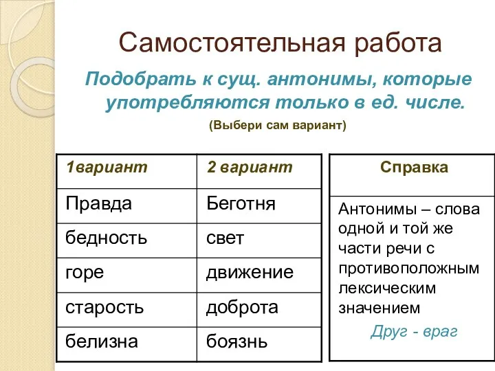 Самостоятельная работа Подобрать к сущ. антонимы, которые употребляются только в ед. числе. (Выбери сам вариант)