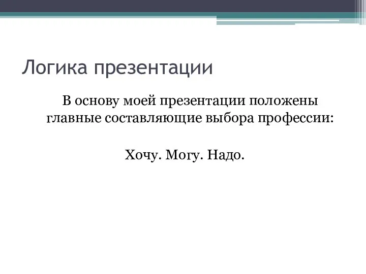 Логика презентации В основу моей презентации положены главные составляющие выбора профессии: Хочу. Могу. Надо.