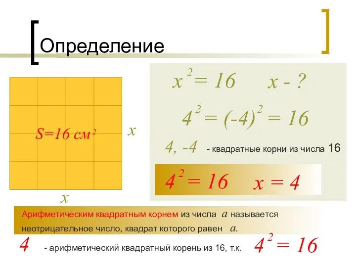 Определение х х х - ? 4, -4 - квадратные корни