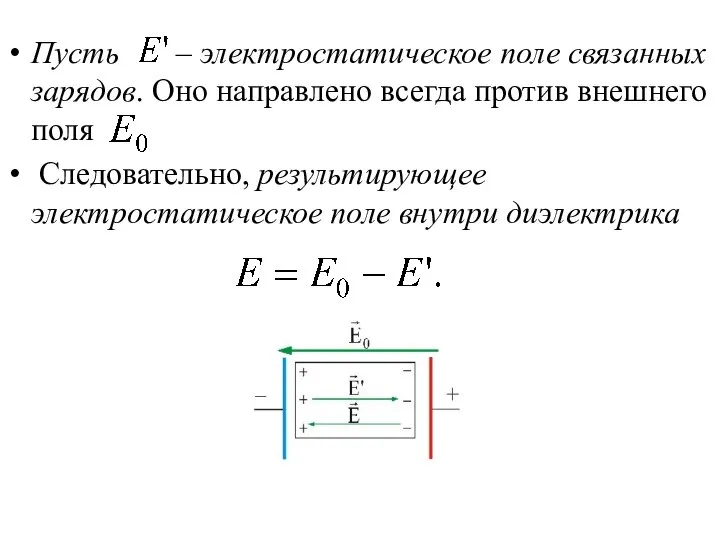 Пусть – электростатическое поле связанных зарядов. Оно направлено всегда против внешнего