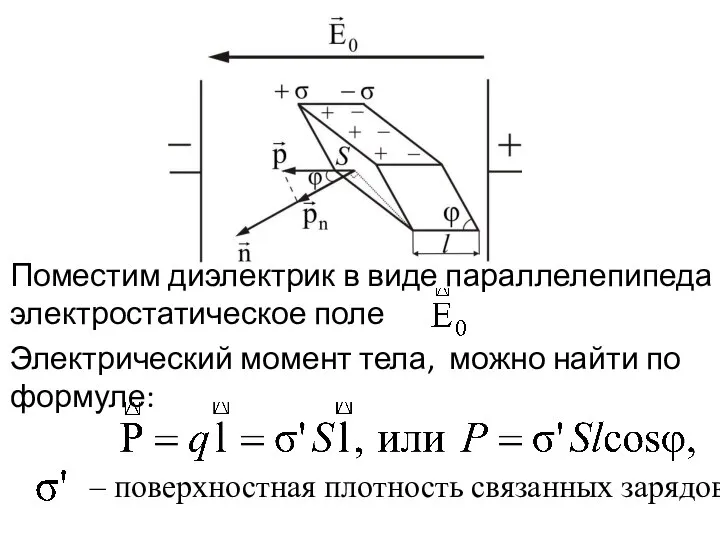 Поместим диэлектрик в виде параллелепипеда в электростатическое поле Электрический момент тела,