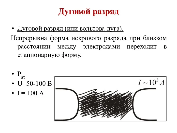 Дуговой разряд Дуговой разряд (или вольтова дуга). Непрерывна форма искрового разряда