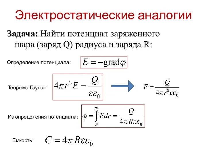 Электростатические аналогии Задача: Найти потенциал заряженного шара (заряд Q) радиуса и