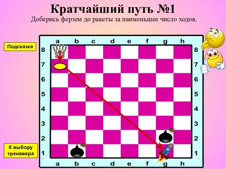 Кратчайший путь №1 Доберись ферзем до ракеты за наименьшее число ходов. К выбору тренажера Подсказка