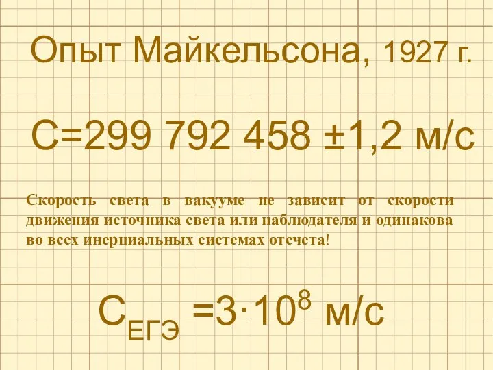 С=299 792 458 ±1,2 м/с СЕГЭ =3·108 м/с Скорость света в