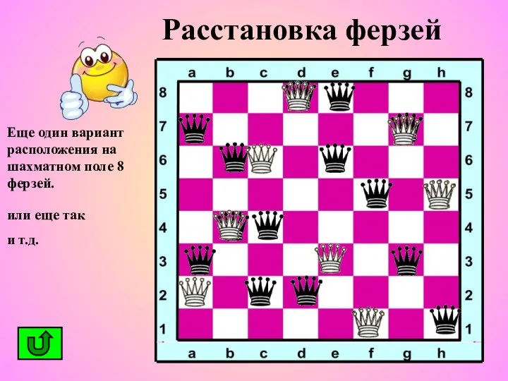 Расстановка ферзей Еще один вариант расположения на шахматном поле 8 ферзей. или еще так и т.д.